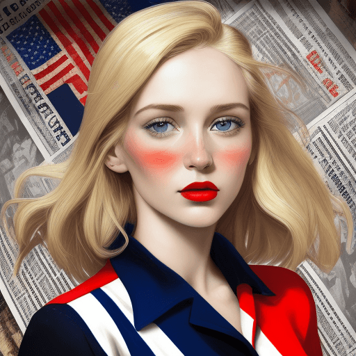 AI generated: Fresco mixed with realism and pop art with pops of blue white and red, close - up of a gorgeous blon...