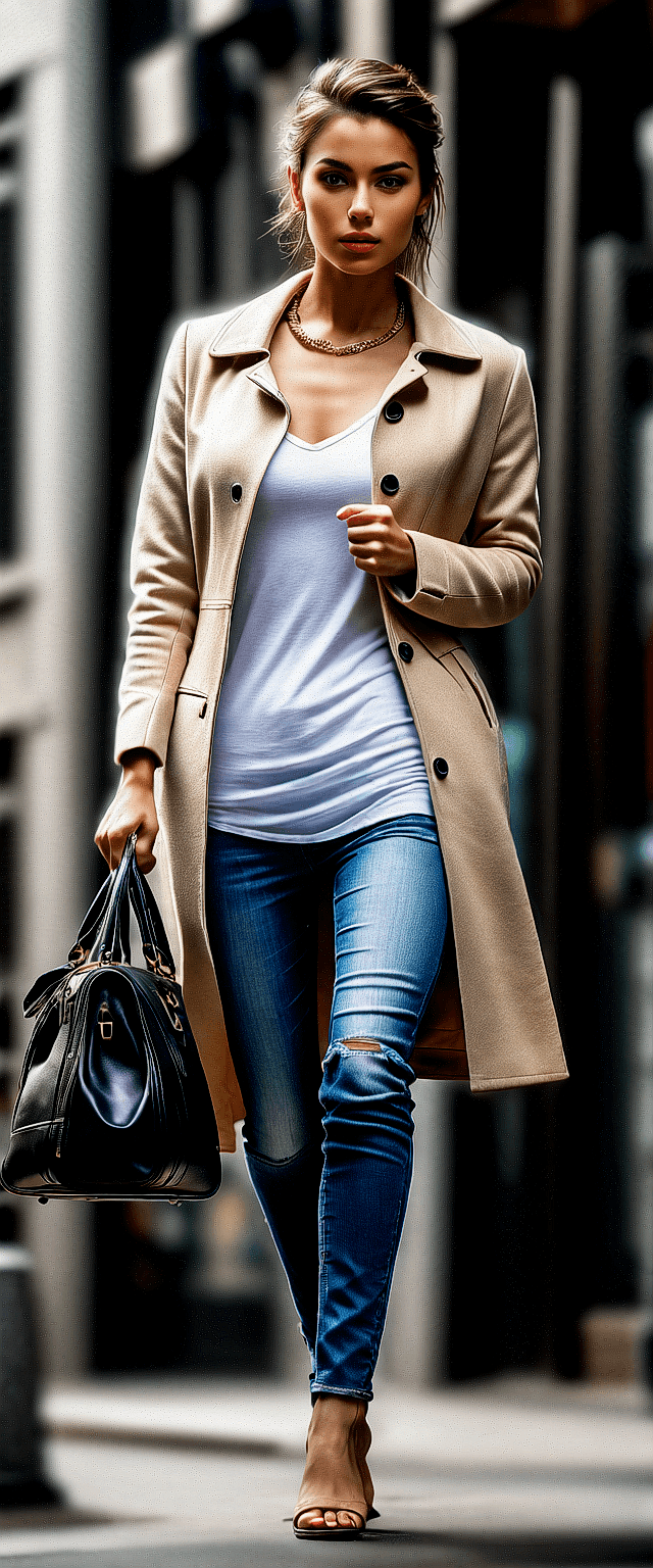 AI generated: The image features a woman walking down a street while holding a handbag. She is wearing a white shi...