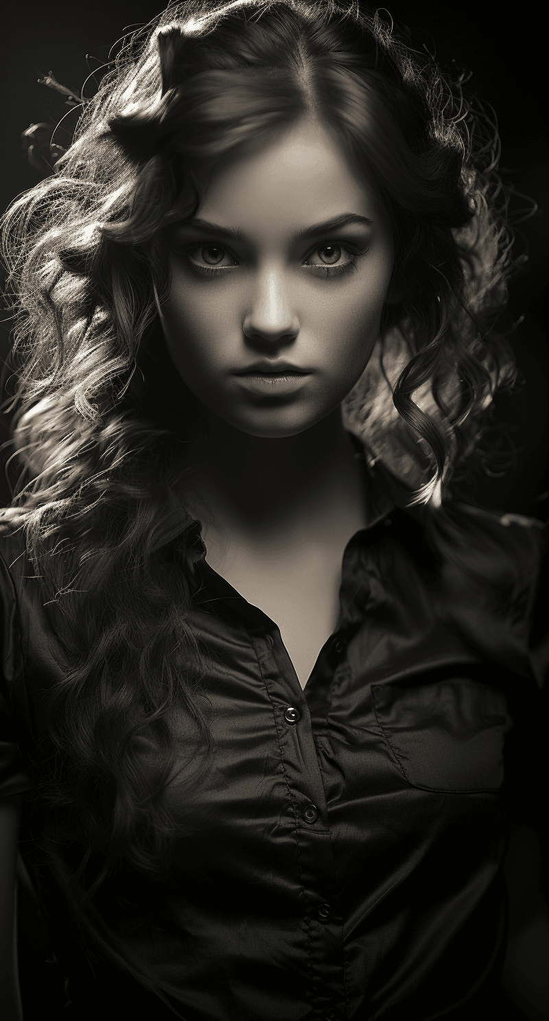 AI generated: black and white portrait of a young girl, in the style of dark atmosphere, realistic hyper-detailed ...