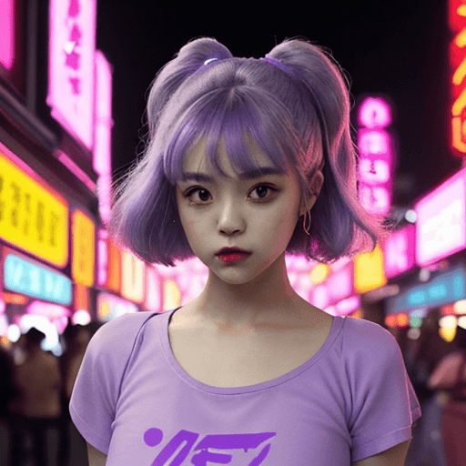 AI generated: a girl in a purple top in a neon city, in the style of chinapunk, iconic album covers, soft-focus po...