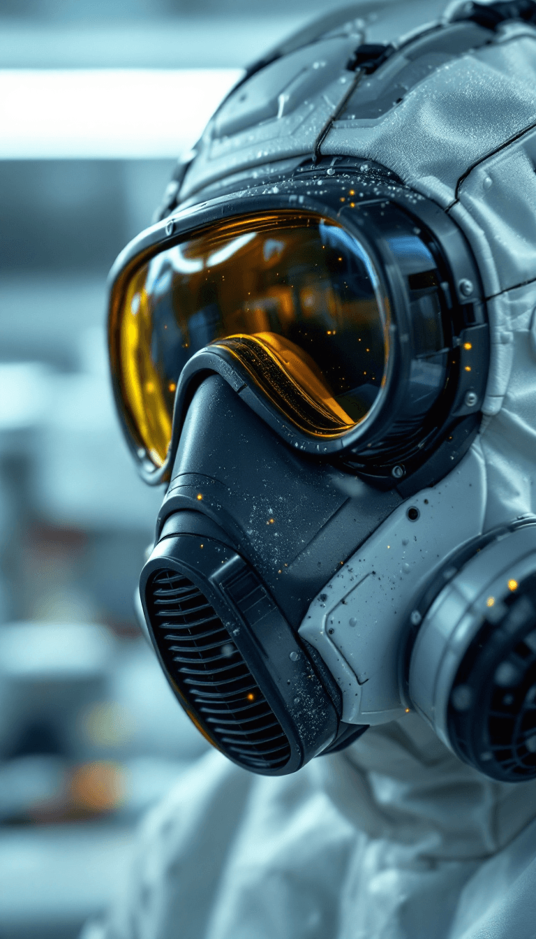 AI generated: A close-up shot of a specialized gas mask, filling the frame with gritty, realistic detail. The mask...