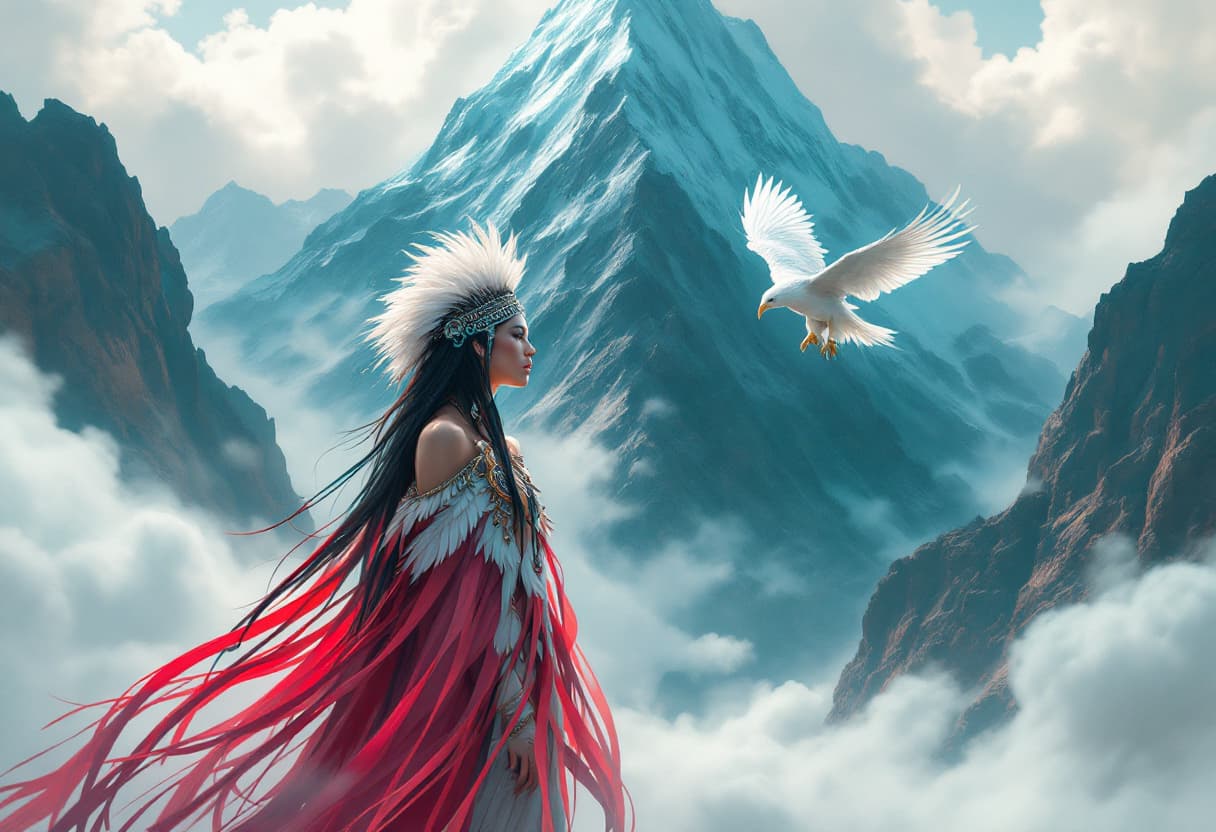 AI generated: 
A mystical indigenous woman in a feathered headdress stands against a large mountain massif. Above ...