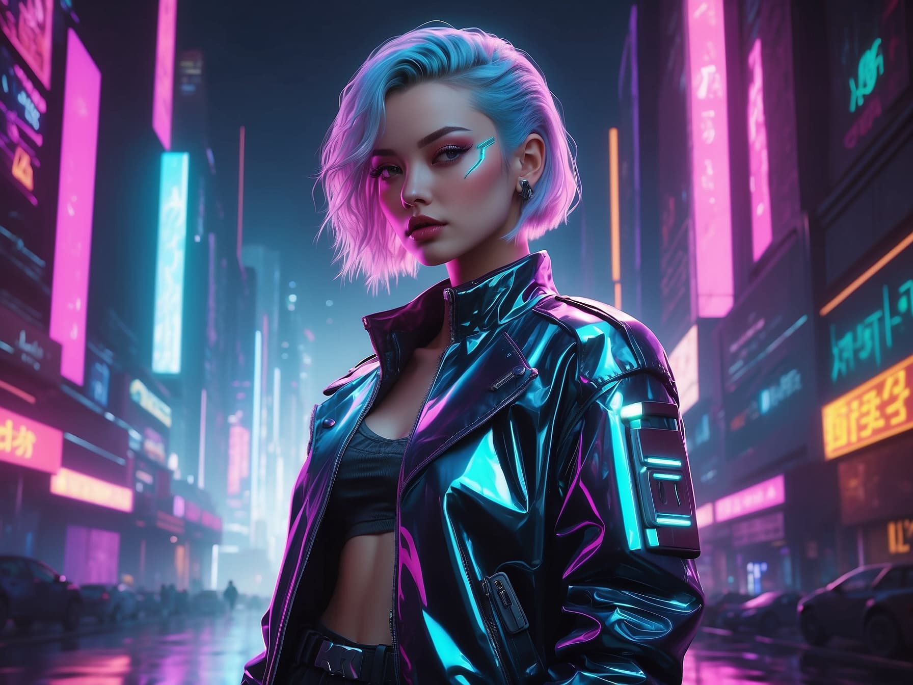 AI generated: a woman in a futuristic city with neon lights, cyberpunk art by Lü Ji, cgsociety, retrofuturism, syn...