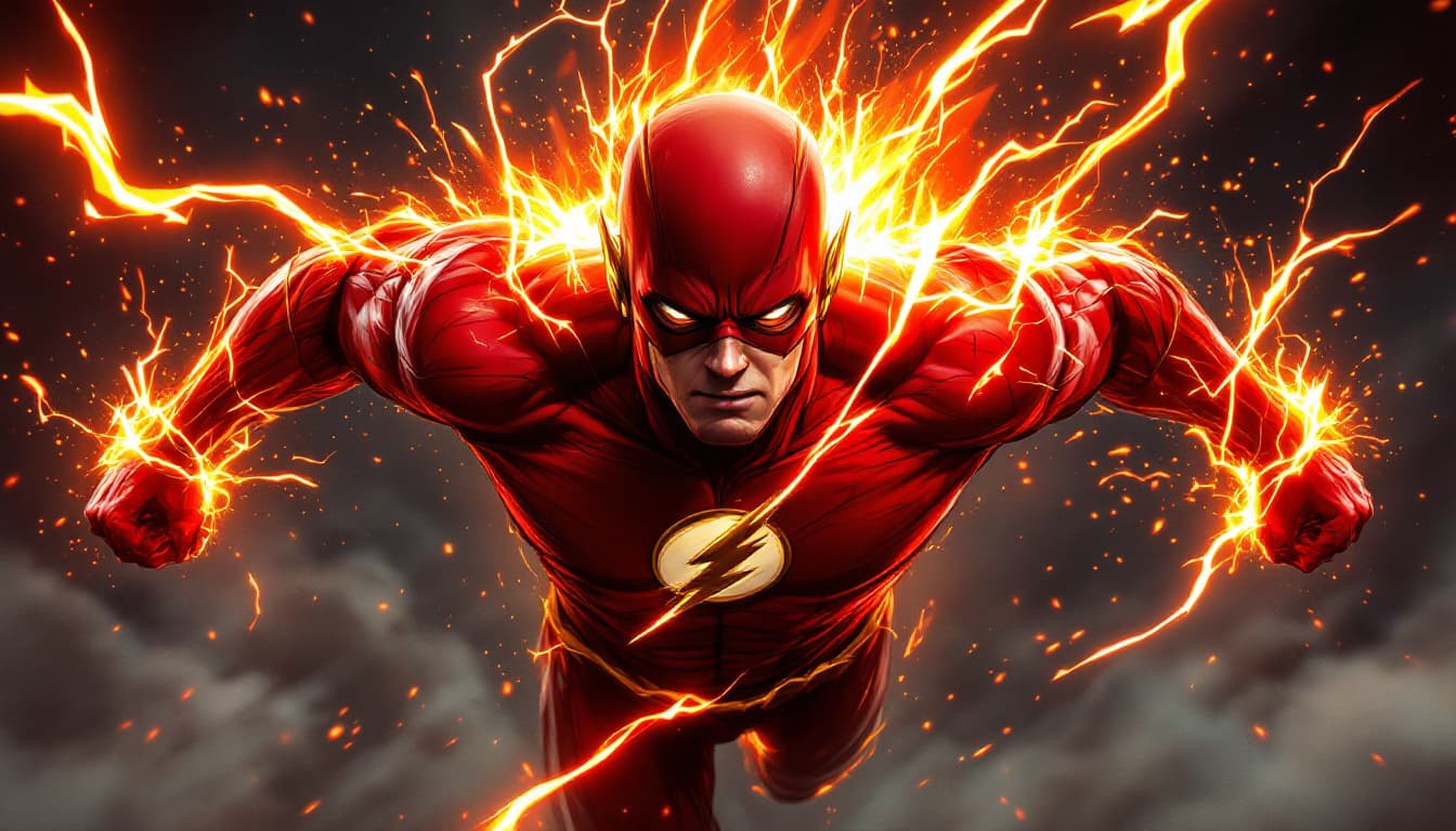 AI generated: Uma ilustração do Flash com um olhar duro e intenso, seu corpo musculoso coberto de cicatrizes e mar...