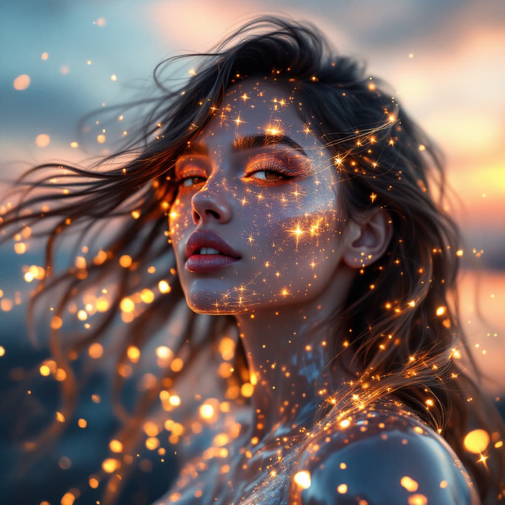 AI generated: A photorealistic 4K image of a woman with transparent, crystal-like skin, glowing from within with a...