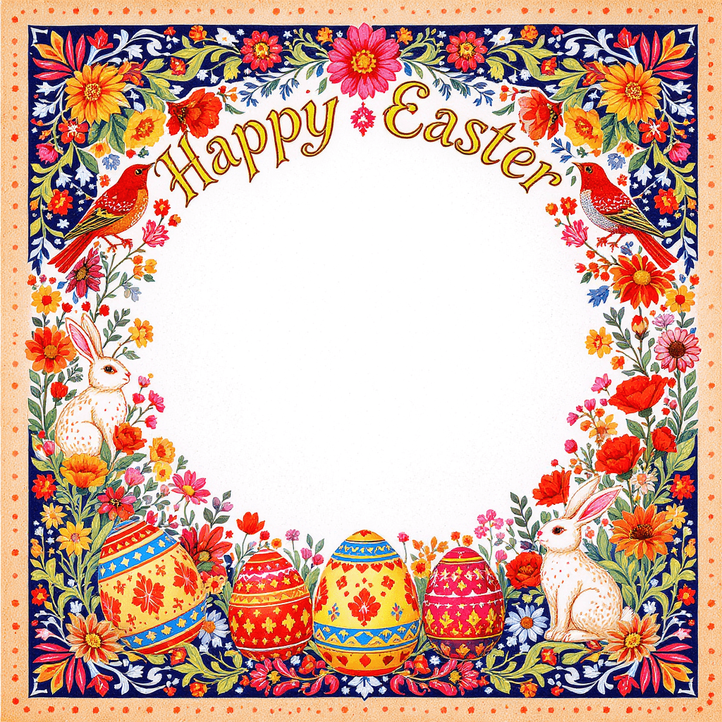 AI generated: A beautifully decorated Easter card in folk art style, filled with intricate floral patterns, tradit...