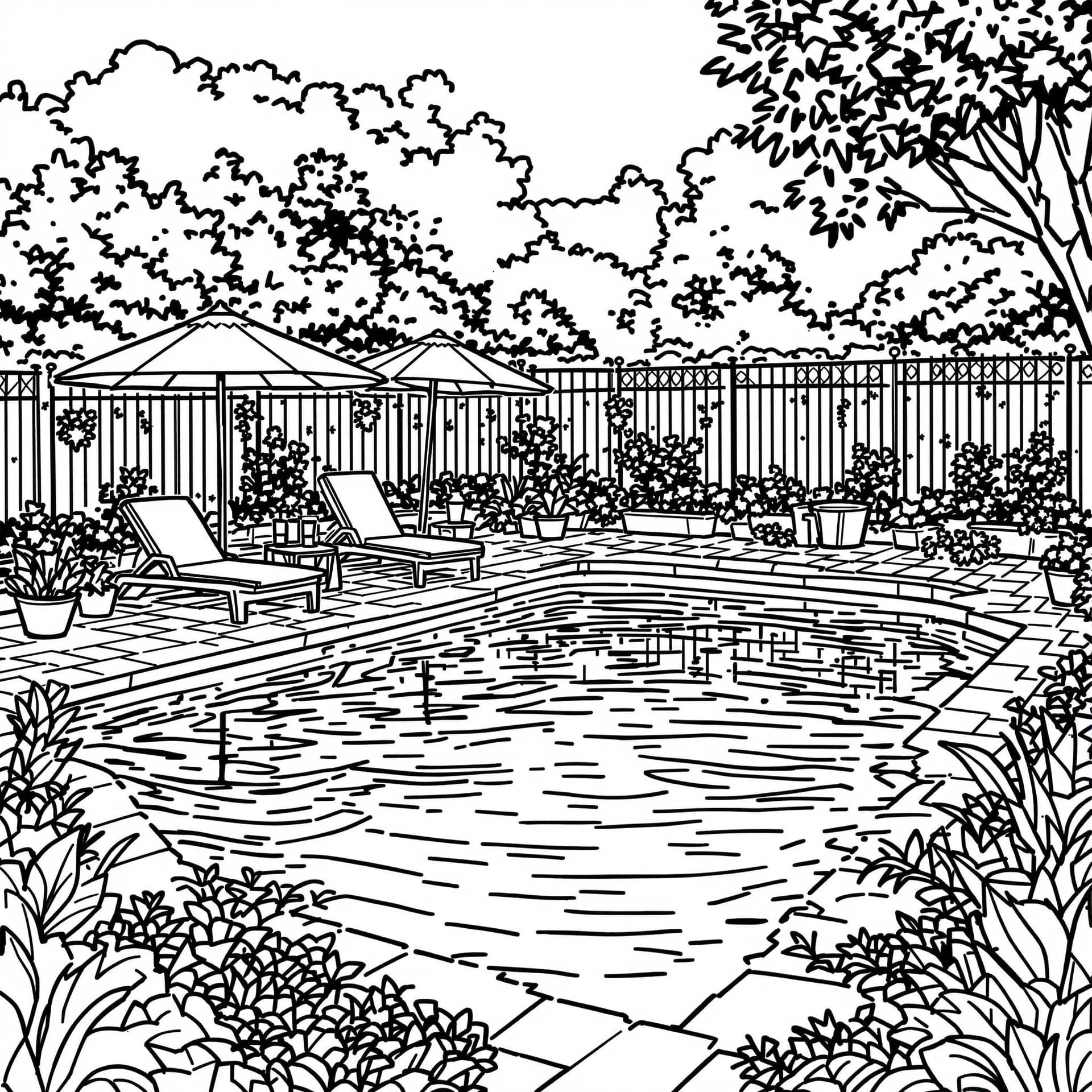 AI generated: High-resolution black-and-white line drawing of a serene swimming pool: Include detailed elements su...