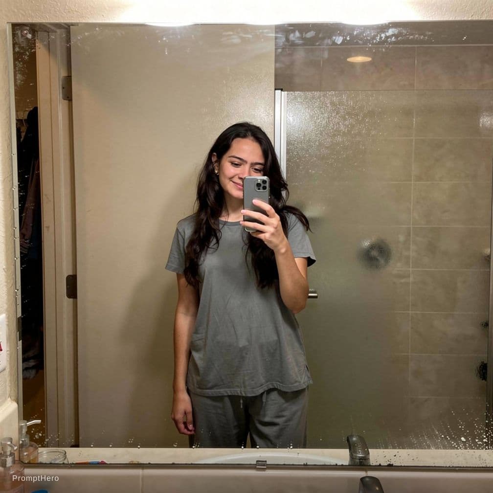 AI generated: Casual mirror selfie in a bathroom, smartphone photo quality. Slim brunette adult with a playful exp...