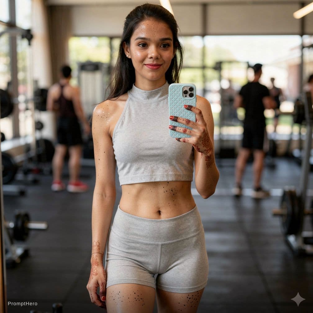 AI generated: Generate a picture of a beautiful 21 year old woman in a gym taking a mirror selfie with an iPhone. ...
