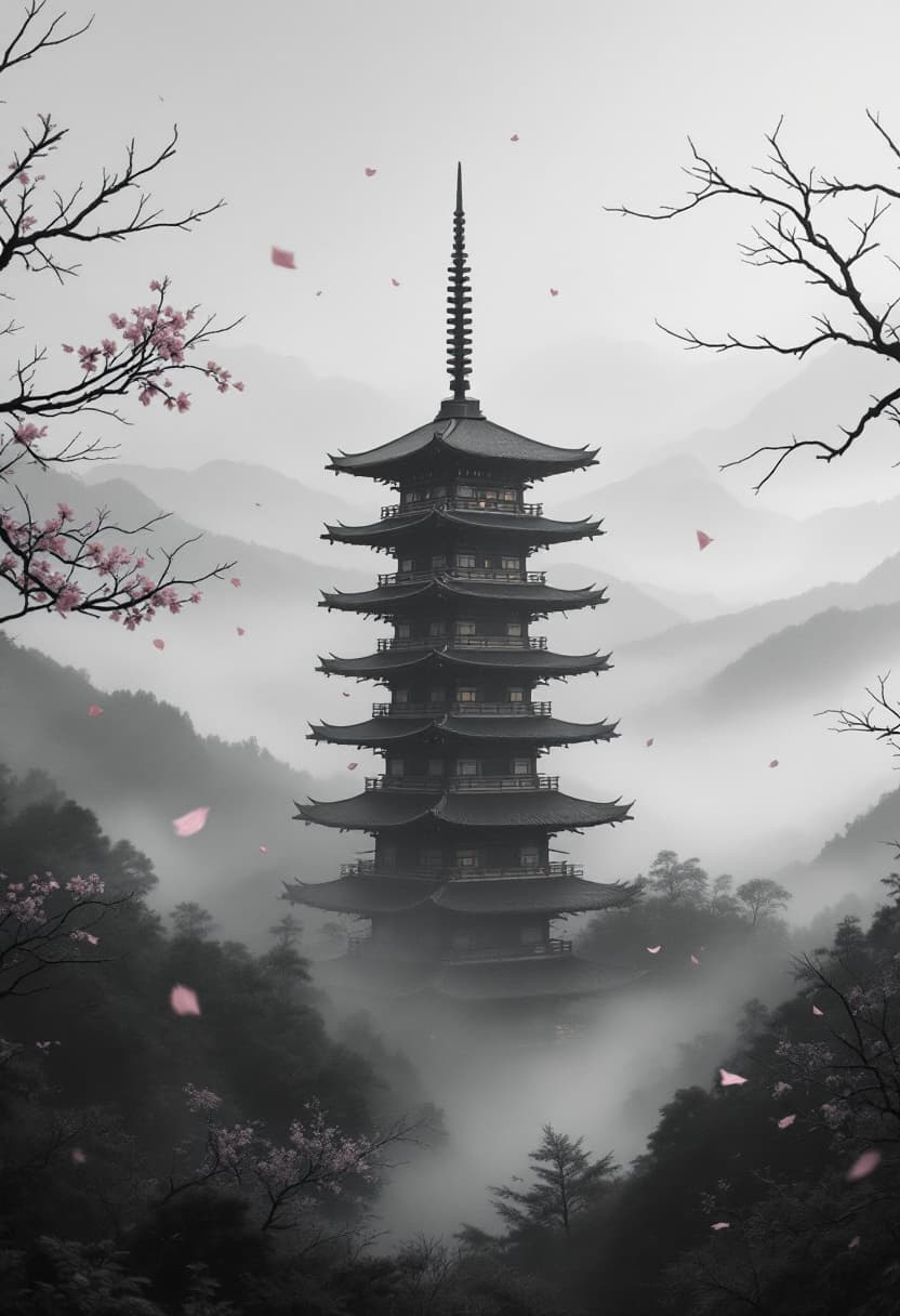 AI generated: Traditional Japanese pagoda standing tall in a foggy mountain valley, centered mid-range view. Dense...