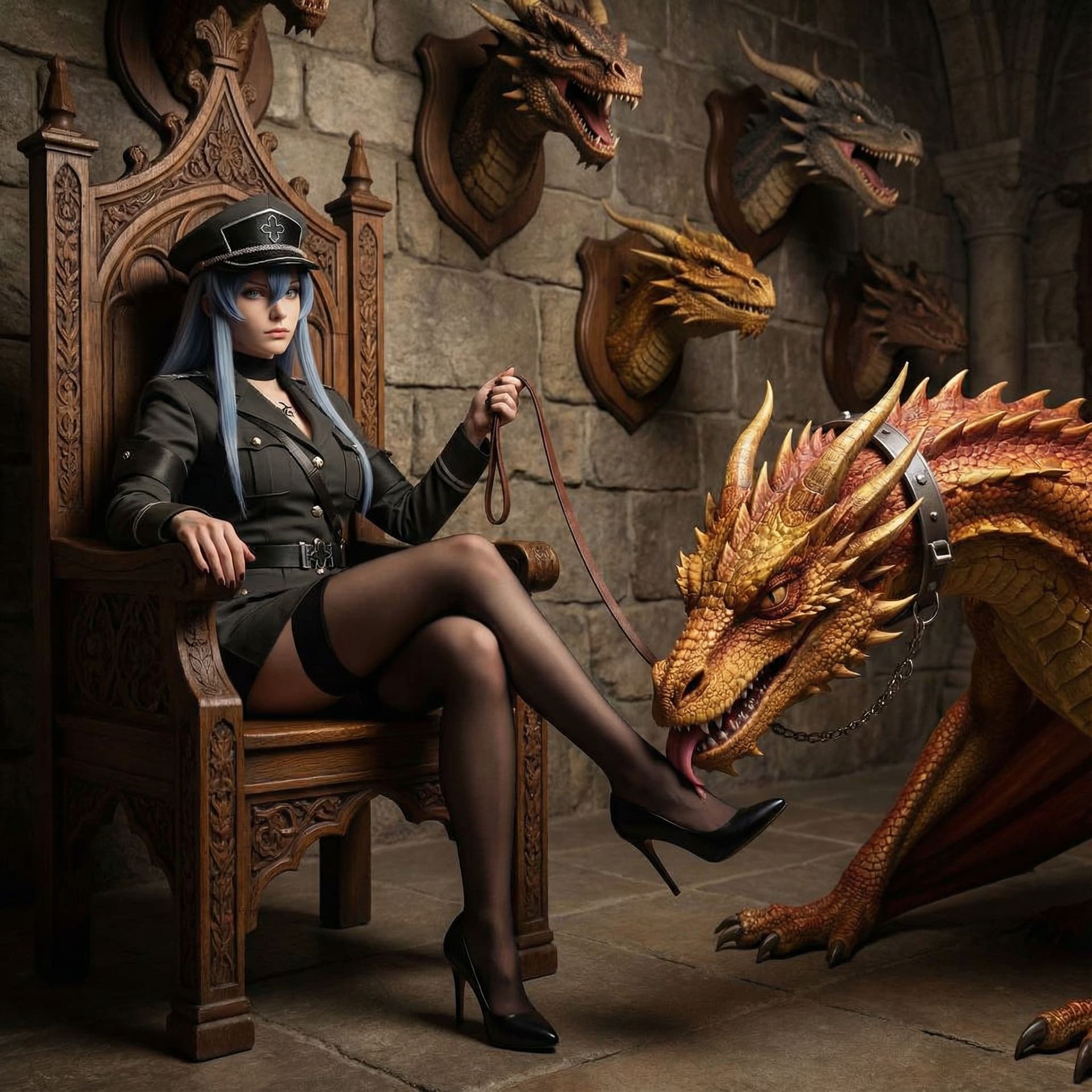 AI generated: Esdeath sitting on the throne and forced Smaug to lick her stockings feet, squeezing his collar on h...