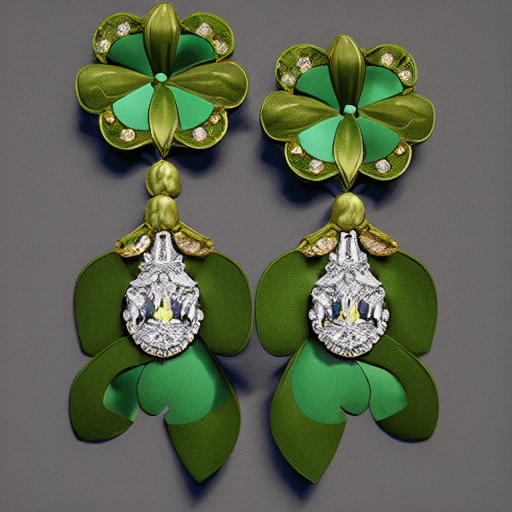 AI generated: full display of baroque style jewelry design, a pair of earrings, green gemstones with four-leaf clo...