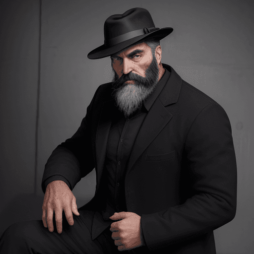 AI generated: Un vieux homme noir barbu qui me regarde droit dans le yeux vêtu d'un chapeau noir, d'un pantalon no...