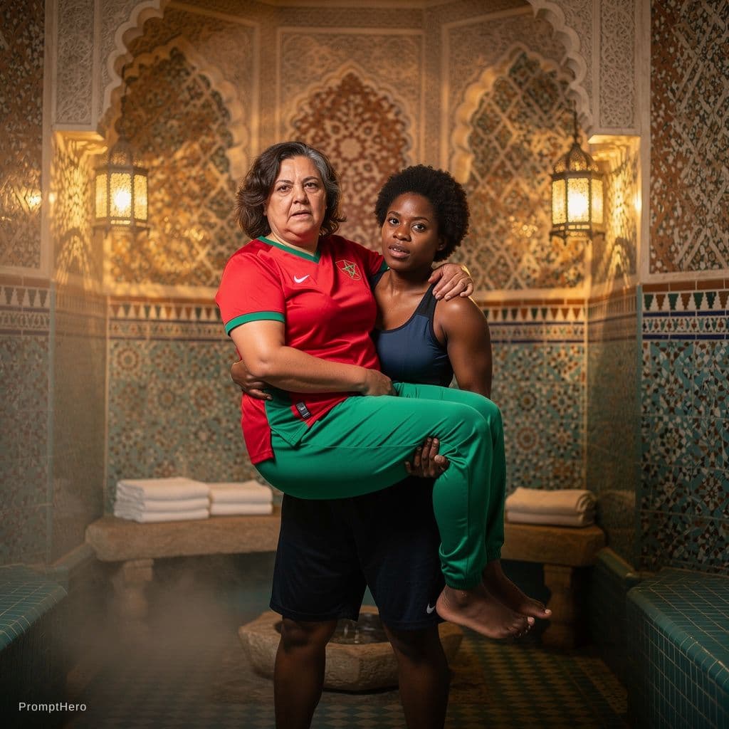 AI generated: Moroccan hamam room. A Nigerian lady carrying a heavyset Moroccan lady in her 50s wearing morrocan t...
