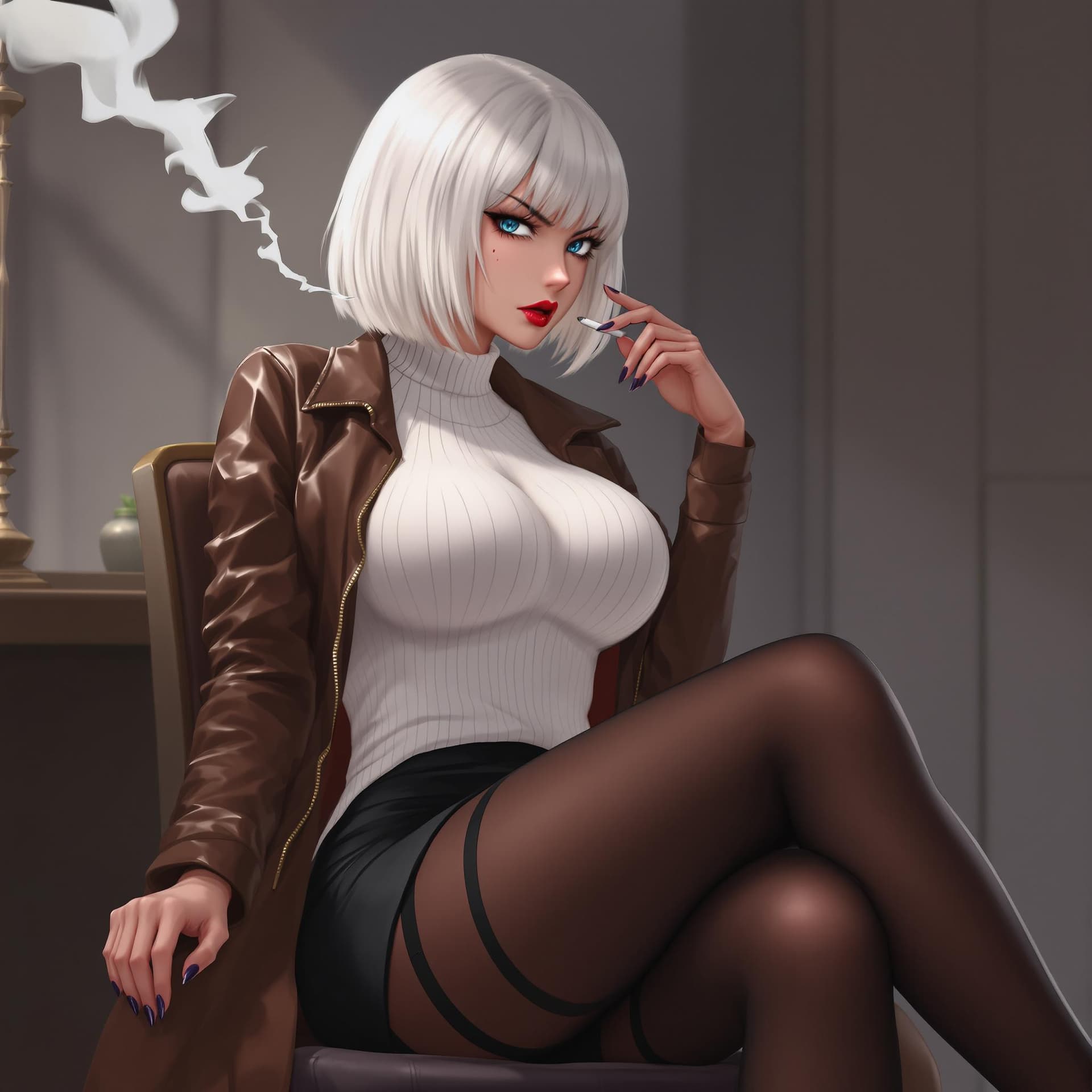 AI generated: anime, woman, white hair, bob cut, blue eyes, freckles, red lips, white sweater, tight sweater, shor...