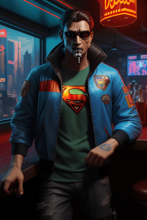 AI generated: A tiger is smoking in a bar, hyperrealistic futuristic wearing cyberpunk superman jacket, , 8k, arts...