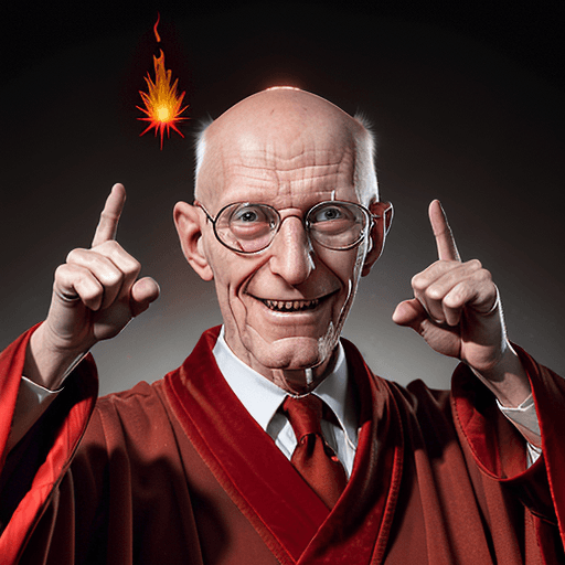 AI generated: professor  Farnsworth, realistic, dressed in red robes covered in mystic symbols stars and moons, ba...