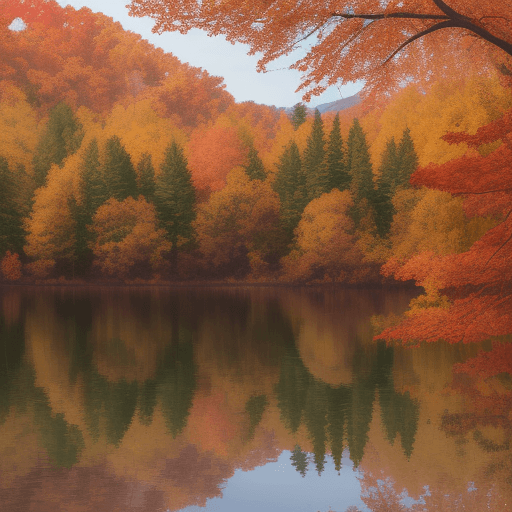 AI generated: beautiful autumn trees surround the lake with colorful foliage, in the style of 1970–present, natura...