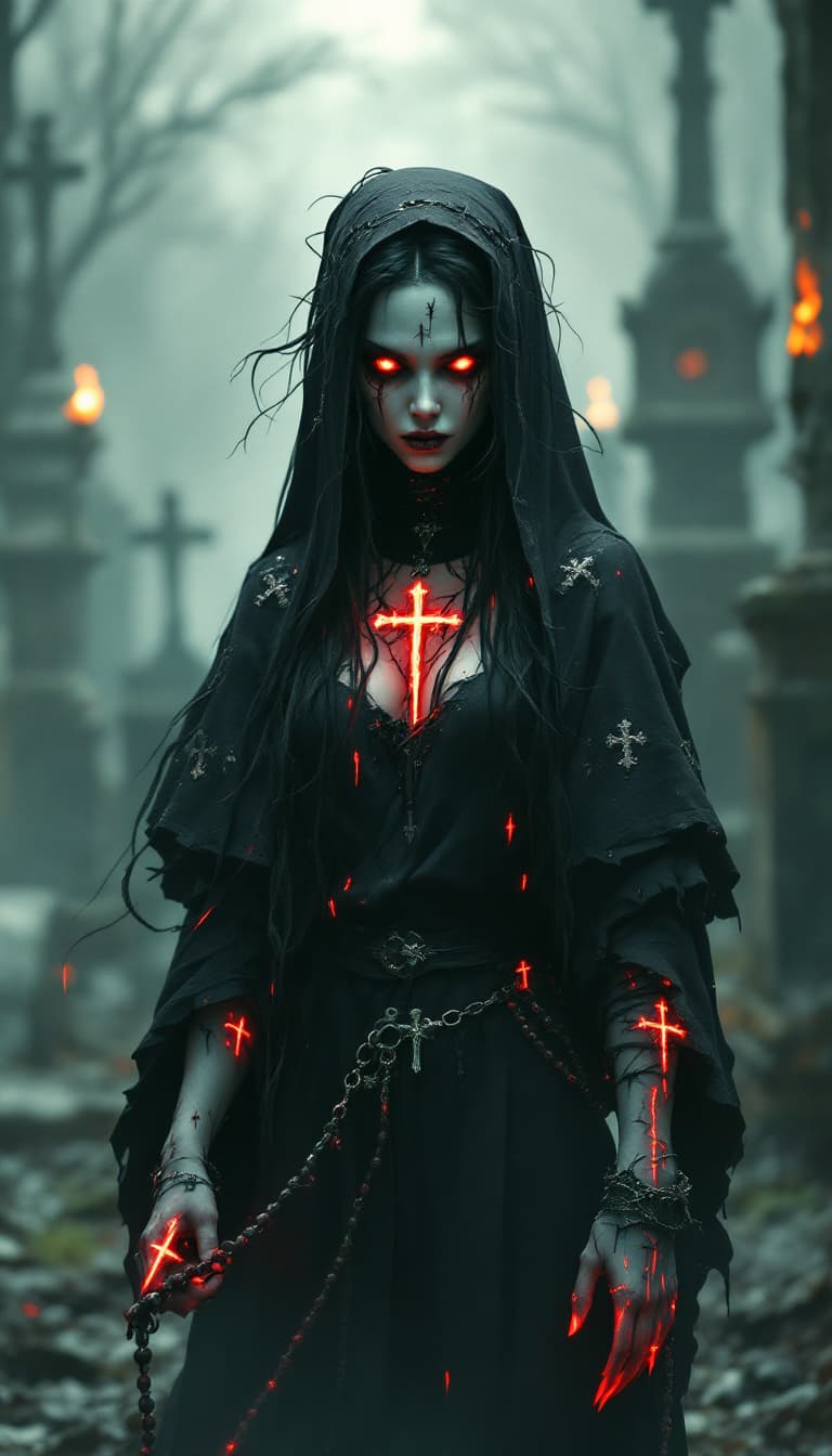 AI generated: An ultra-realistic, full-body portrait of a possessed nun woman, radiating a chilling malevolence wi...