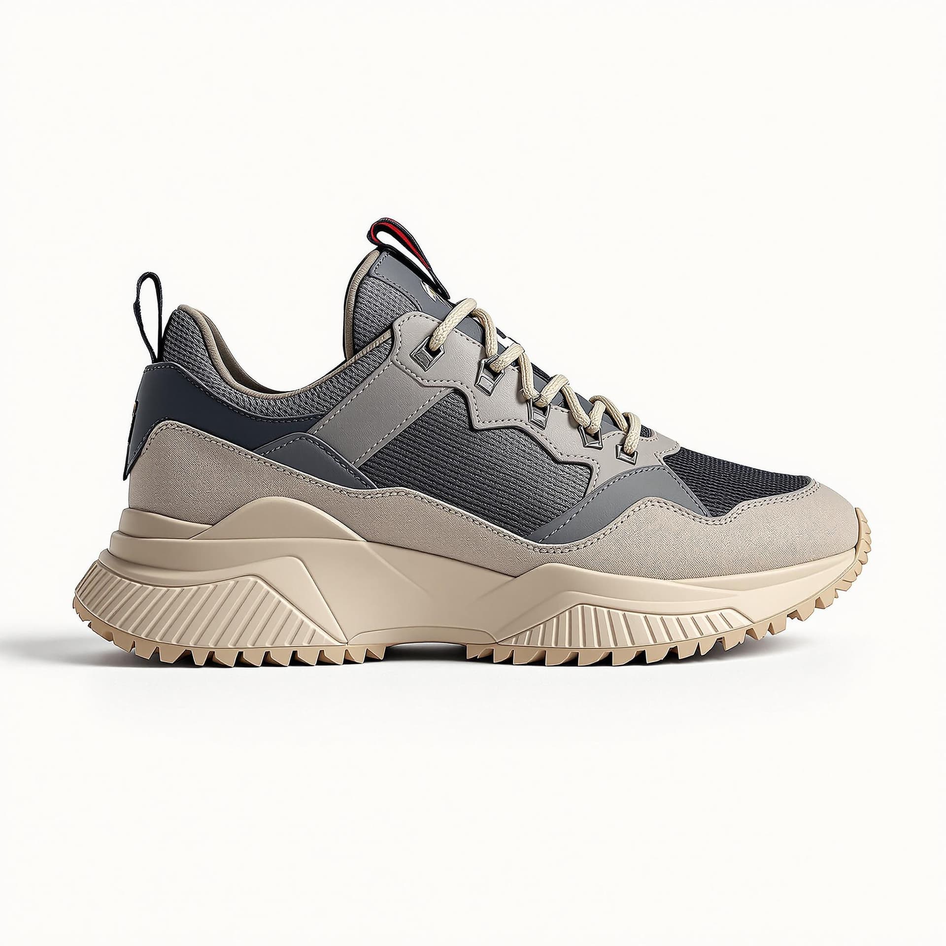 AI generated: One low sneaker packshot from the side, on a white background designed by moncler trailgrip x loewe ...
