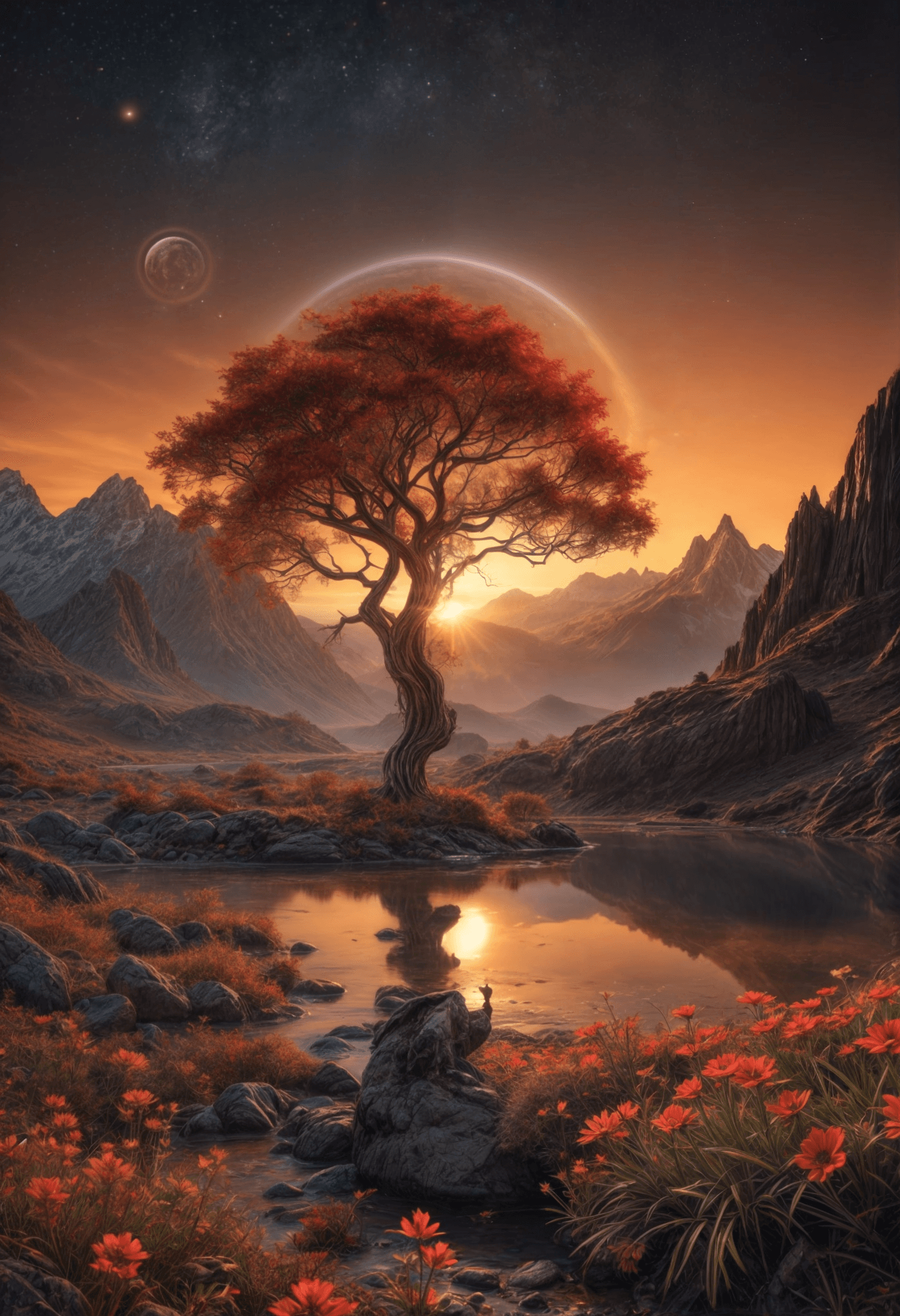 AI generated: Another World in a far distance galaxy.a serene landscape with a large red tree standing by a calm l...