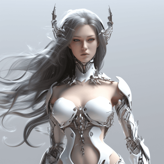 AI generated: a cyber-girl, very beautiful with long hairs, elegant pose, no background, white bg, highly detailed...
