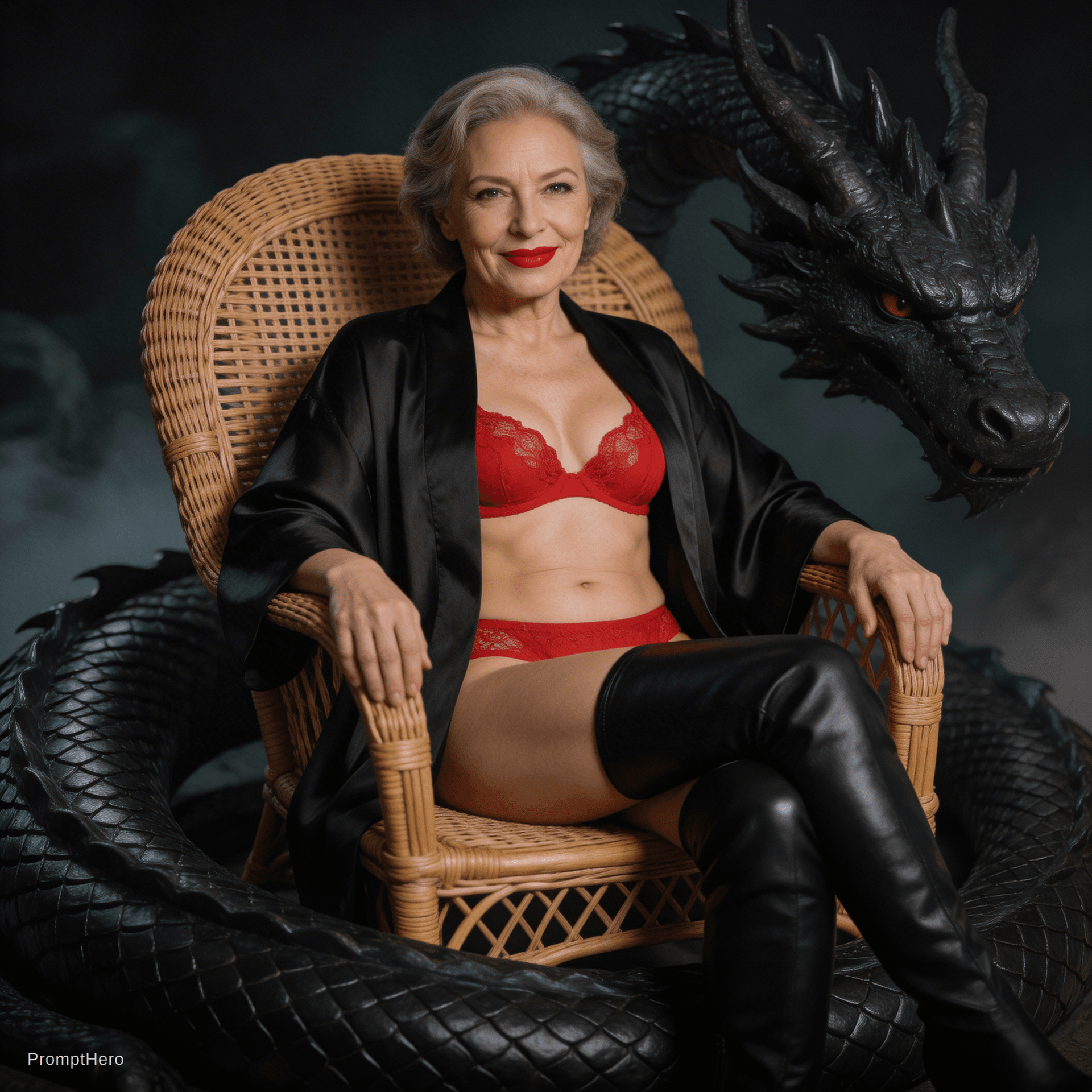 AI generated: A voluptuous woman, around 55 years old (reference photo), sits confidently atop a coiled black drag...