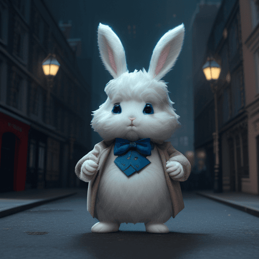 AI generated: cut little fluffy Bunny cub dressed up as sherlock holmes, blue eyes, investigating a crime, pixar-s...