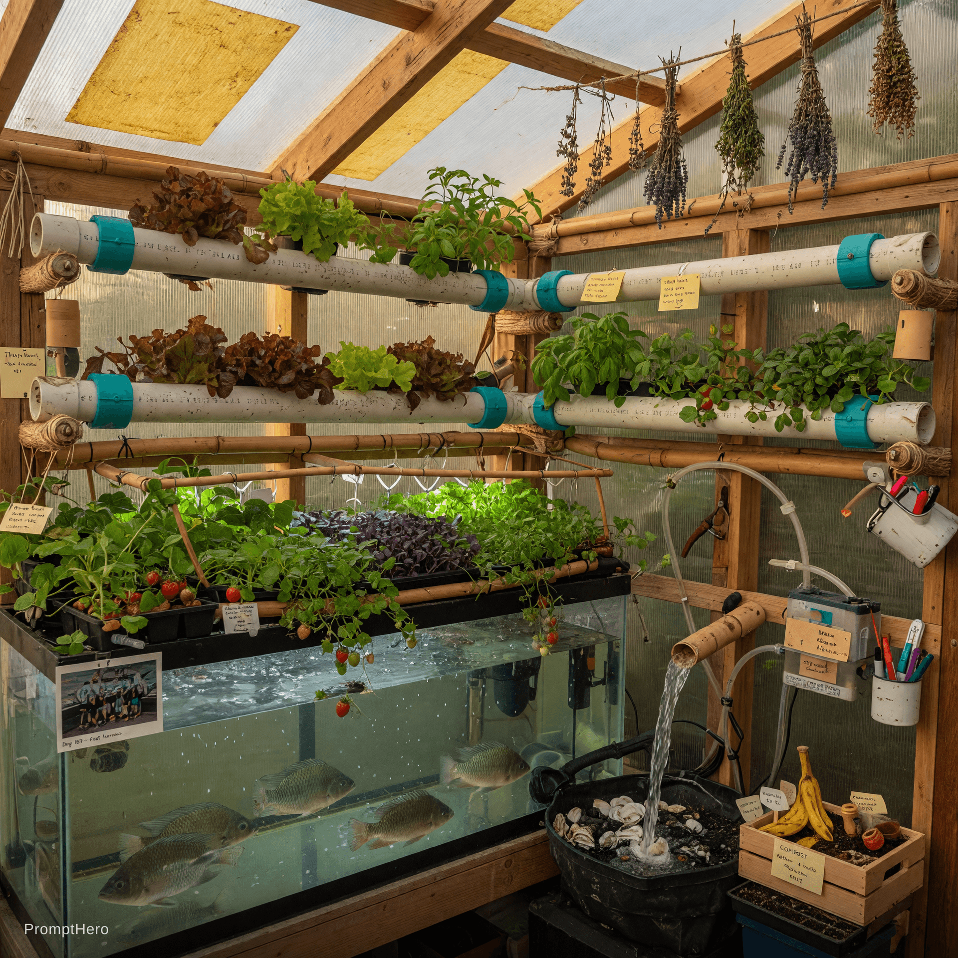AI generated: Warm and detailed interior close-up of the self-sufficient Aquaponics Greenhouse on Projekt Nomad De...