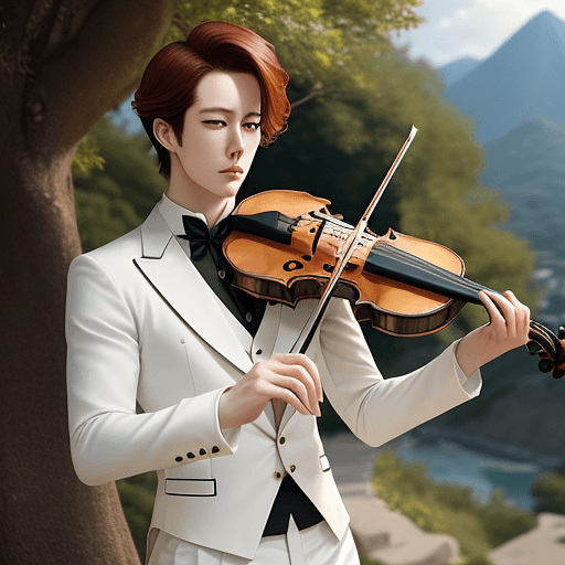 AI generated: Anime man Jumin Han playing the violin, outdoors, 23 years old, perfect anime quality, 4 PM, Mariach...