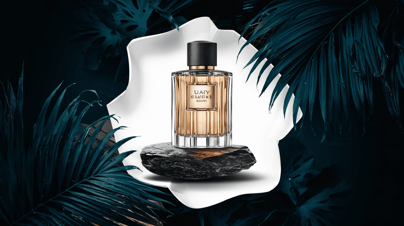 AI generated: luxury perfume bottle on a rock with white empty sticker, ad, brand, over a tropical deep dark backg...