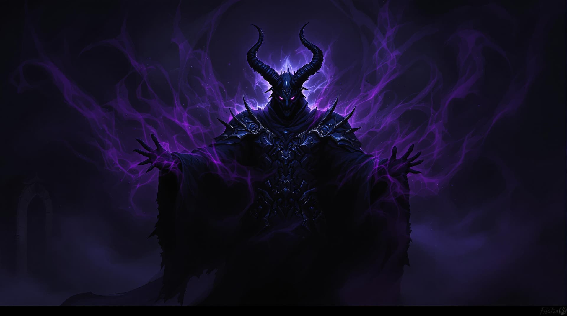 AI generated: A sinister figure looms before a darkened backdrop, enveloped in swirling shades of deep purple and ...