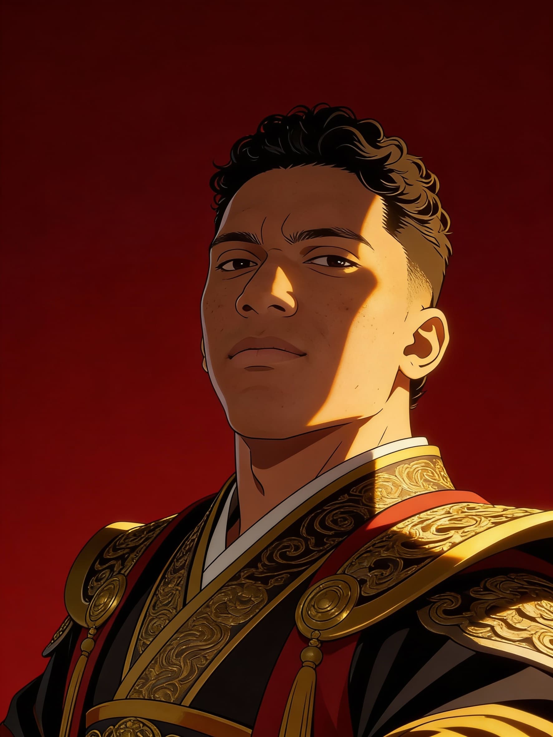 AI generated: Crie uma imagem minha usando o traje de Qin Shi Huang do anime Record of Ragnarok, incluindo seu des...