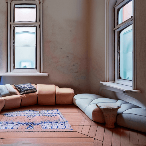AI generated: High resolution photography interior design, dreamy sunken living room conversation pit, wooden floo...