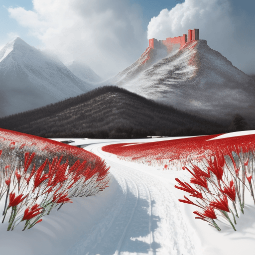 AI generated: Snow scenery, Snow road, blooming red lilies, two black crumbled towers in the distance, cloudy