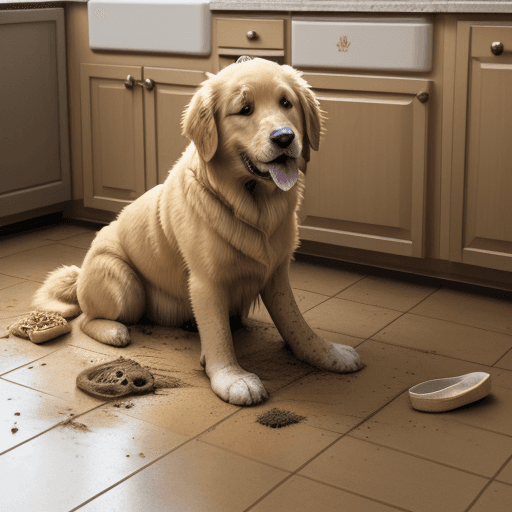 AI generated: Golden retriever, dirt on face, eating slipper, muddy paws on floor, kitchen scene background 