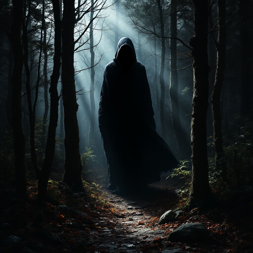 AI generated: black shadow appear through the woodsd