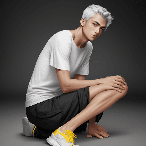 AI generated: capturing a model, silver and white, man wearing a long, loose matte black t-shirt, washed cargo pan...