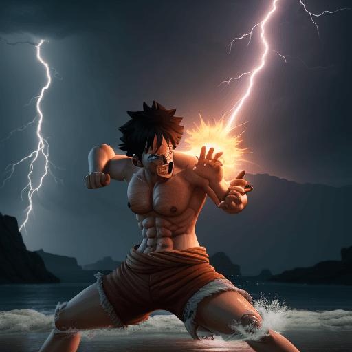 AI generated: photo of a gear 5 luffy grabbing lightning, ultra realistic, unreal engine 5,cinematic