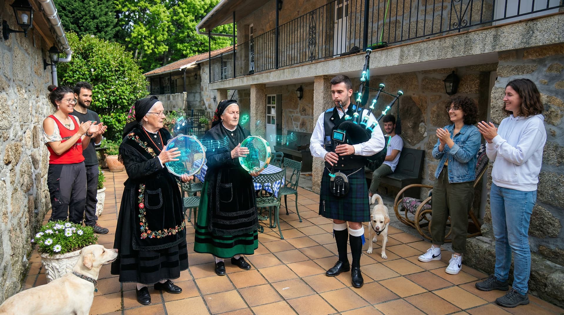 AI generated: In the provided photo of the hall between the two buildings, add two elderly Galician women wearing ...