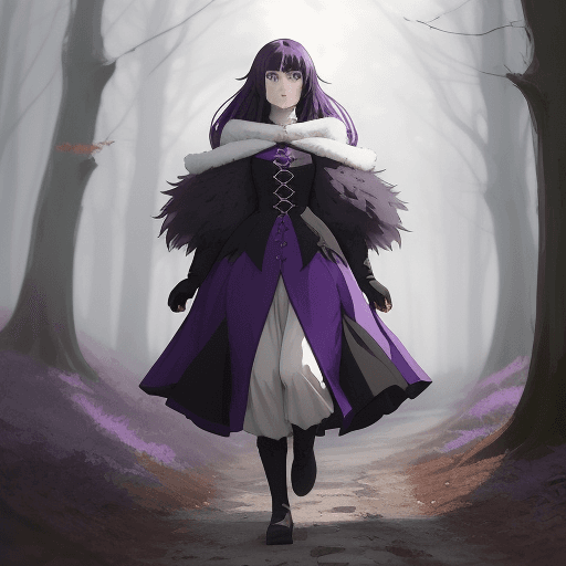 AI generated: prompt=Loona medieval character with shoulder-length purple hair cold fur clothes black eyes walking...