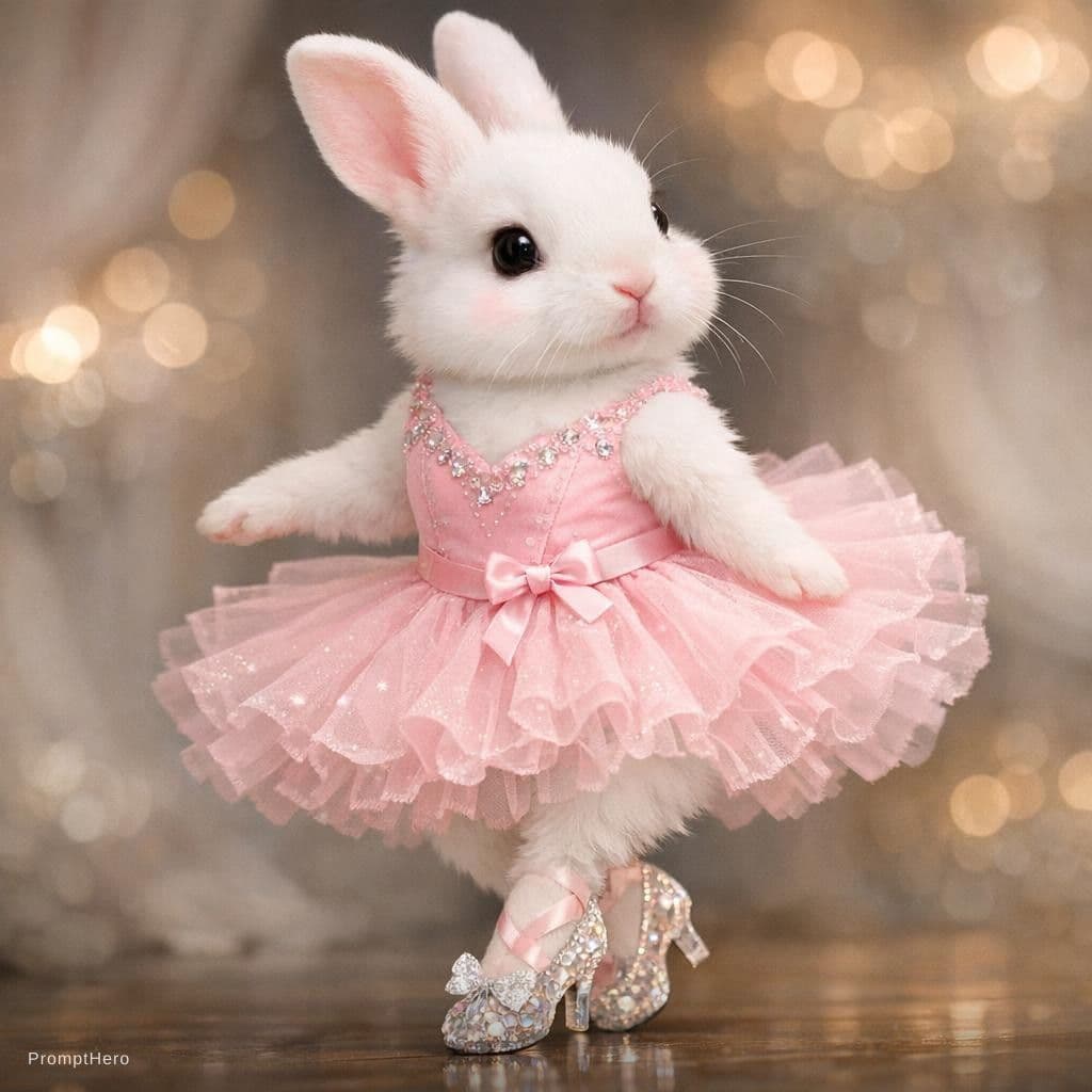 AI generated: A white rabbit with a pink dancing dress and crystal shoes