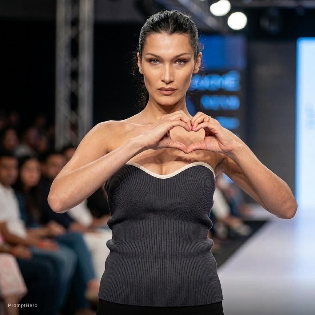 AI generated: 
A high-end fashion model resembling Bella Hadid walks confidently down the runway, wearing a waist-...