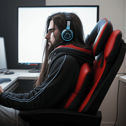 AI generated: guy, on gaming chair, wearing headphones, hoodie,  long hair, facing computer, side view, minimalist...