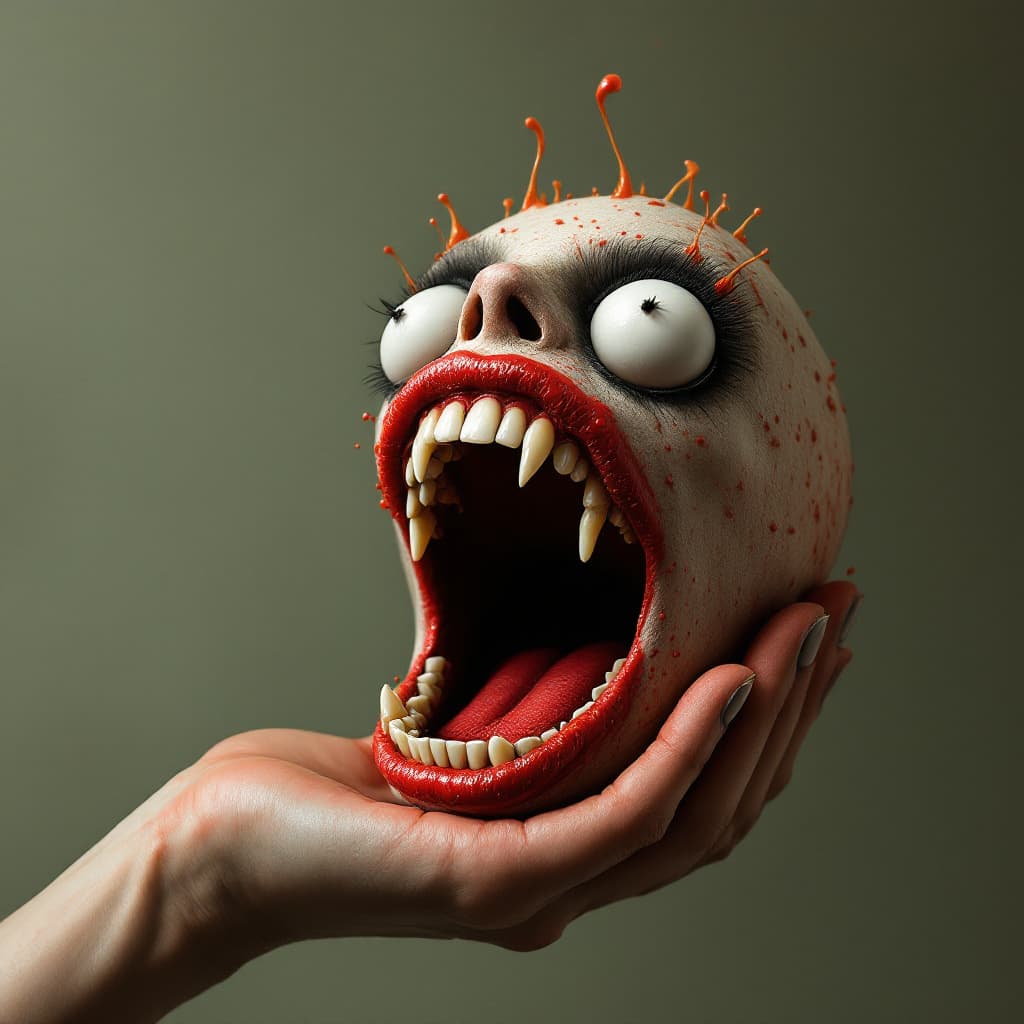 AI generated: she is a screaming mouth on the palm. Beautiful patterns made of lava. funny, White teeth in the sty...