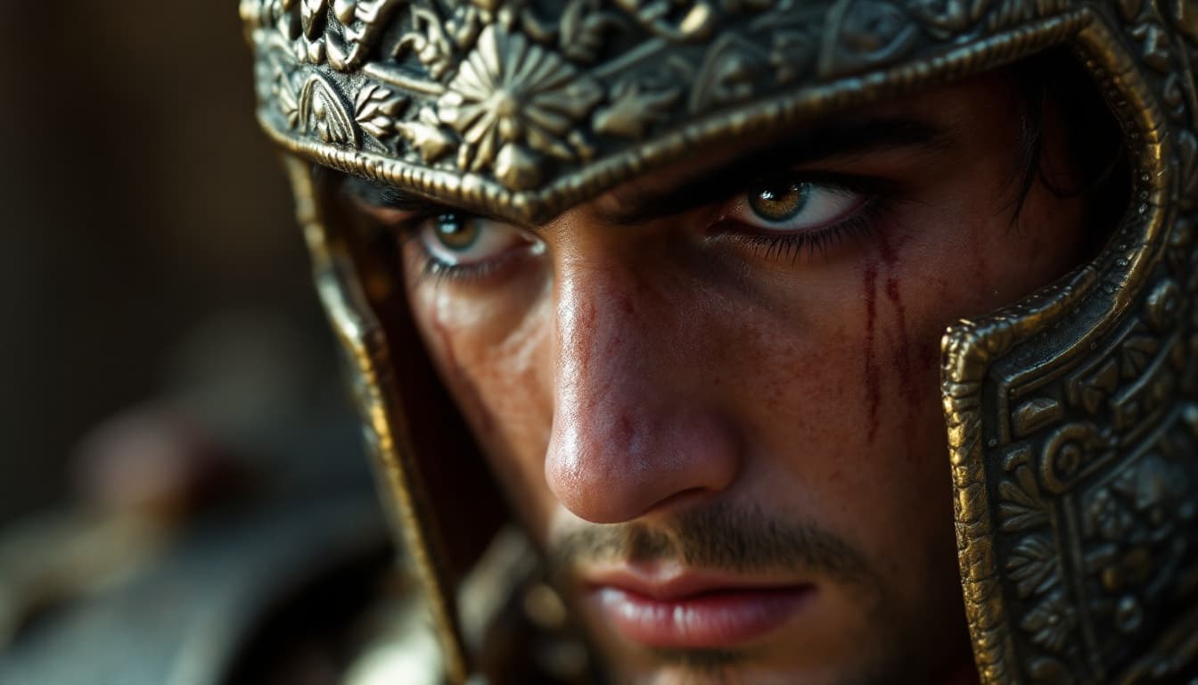 AI generated: Ultra-realistic close-up of Arius' eyes as he looks at Parushat defeated and sad, determination visi...