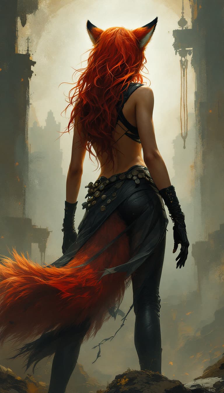 AI generated: digital painting of fox woman, comics art,, stylized, back view