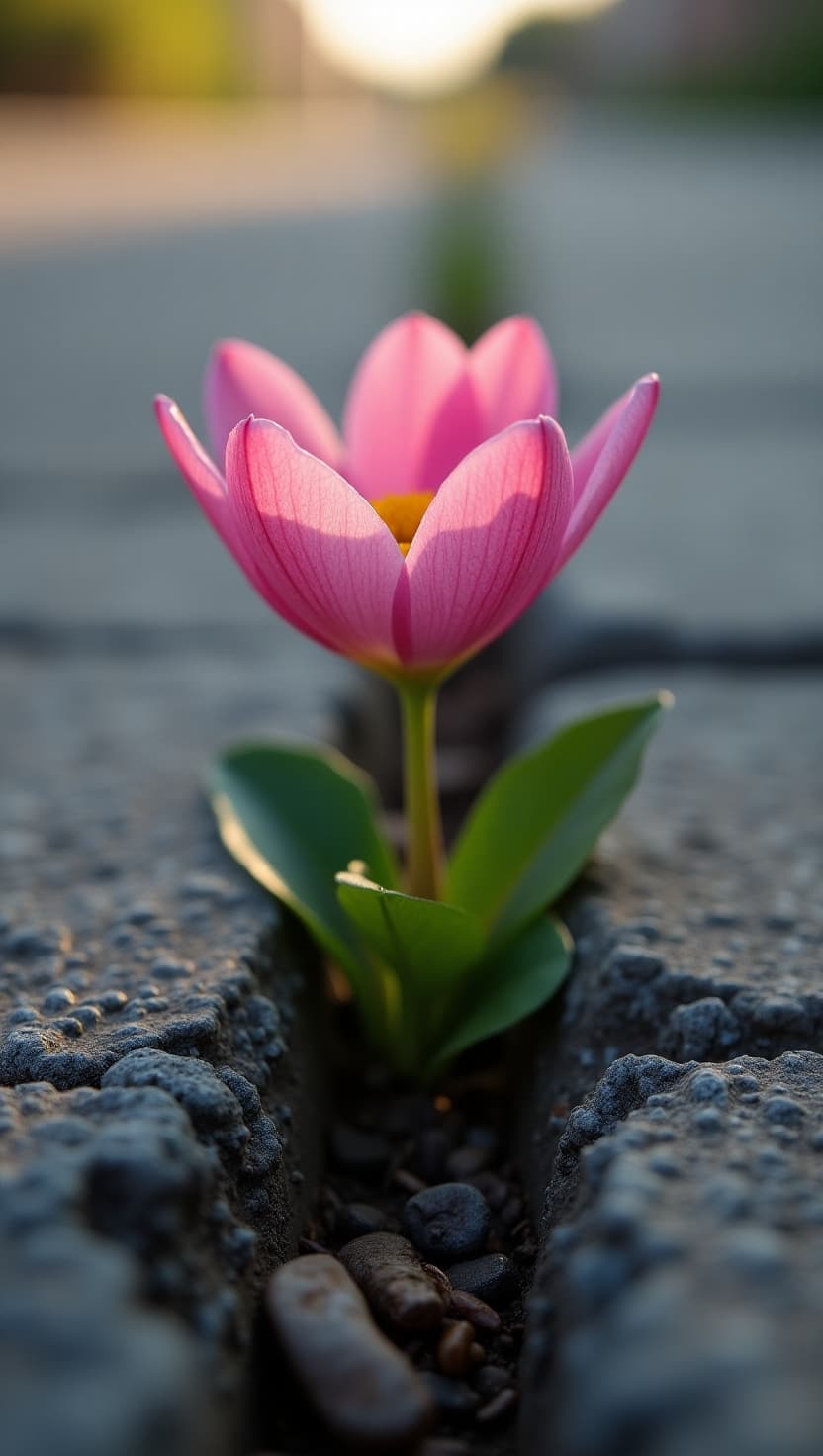 AI generated: A delicate, petal-soft pink flower with yellow center and gentle, curved petals, growing defiantly t...