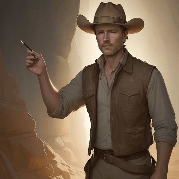 AI generated: new art : a 40 years old white man with archaeologist clothes. satara by johnny taylor, in the style...