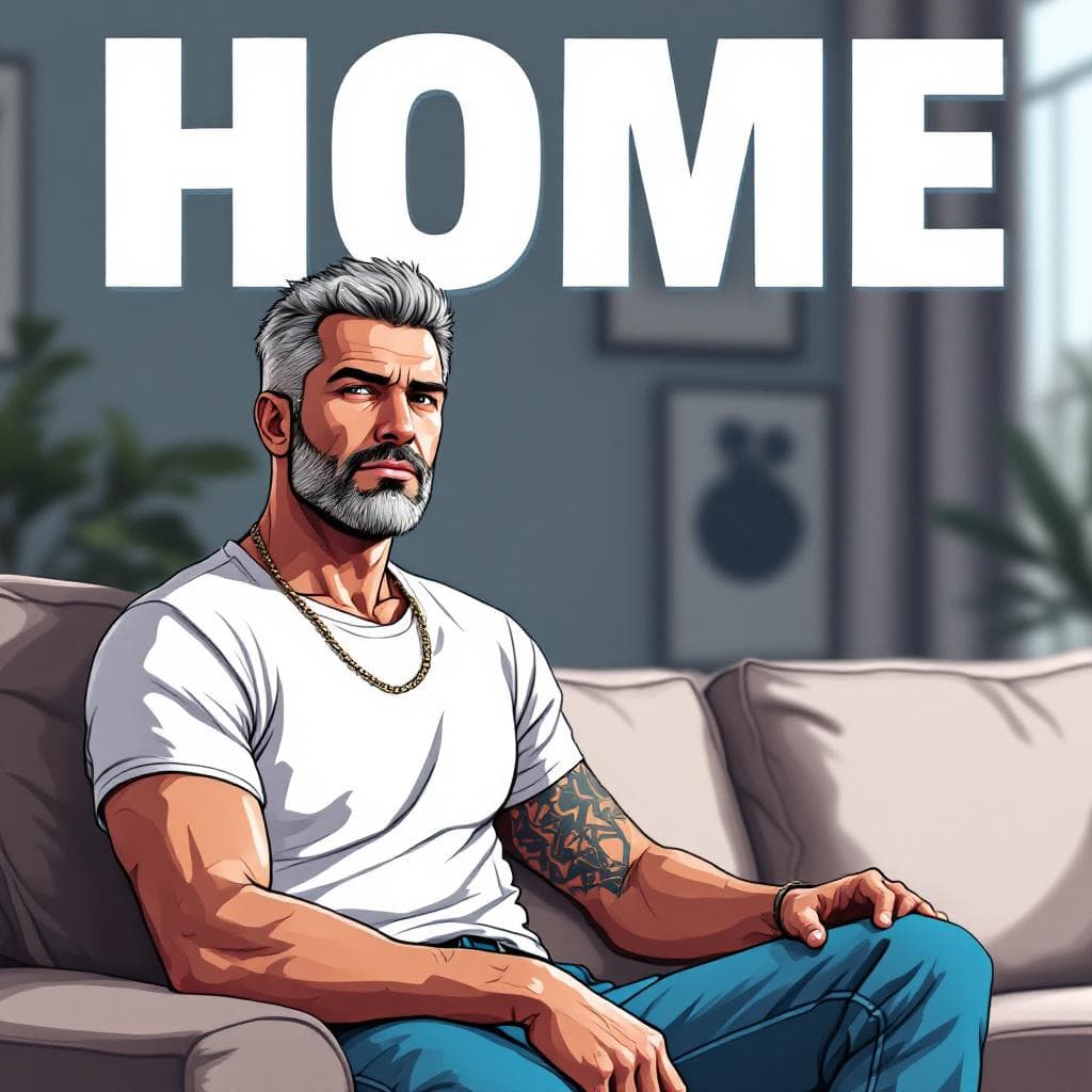 AI generated: Cartoon illustration, comic book cover featuring a handsome Caucasian man with burst-taper grey hair...